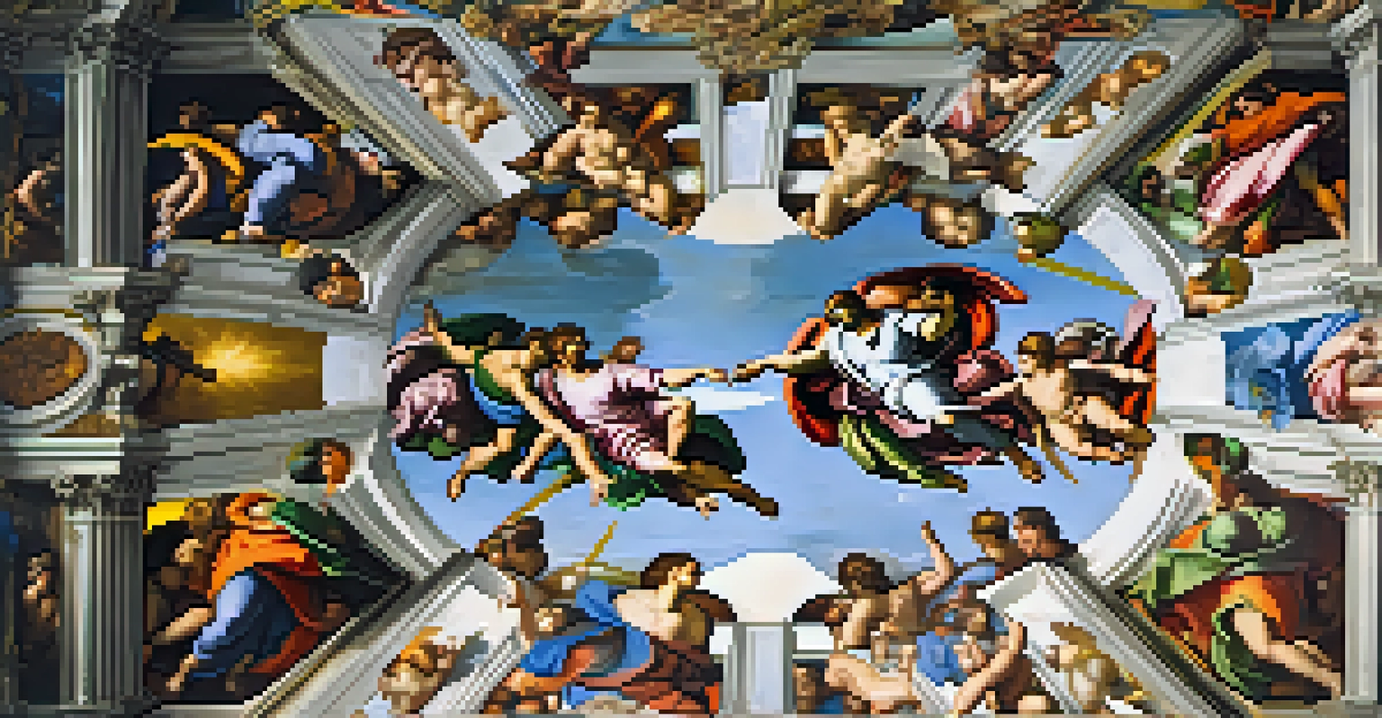A view of the Sistine Chapel ceiling showcasing 'The Creation of Adam' with vibrant colors and dynamic figures.