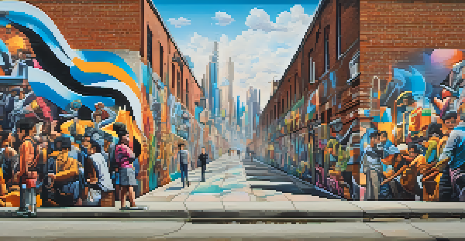 A vibrant street art mural featuring dynamic figures and bold colors, representing urban life and the influence of Futurism.
