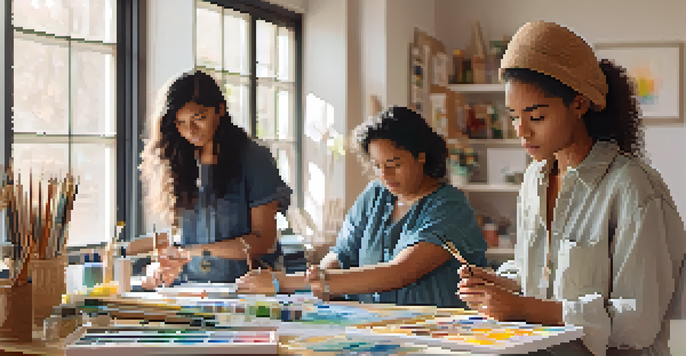 A calm art therapy workshop with diverse individuals painting and drawing, under natural light and surrounded by art supplies.