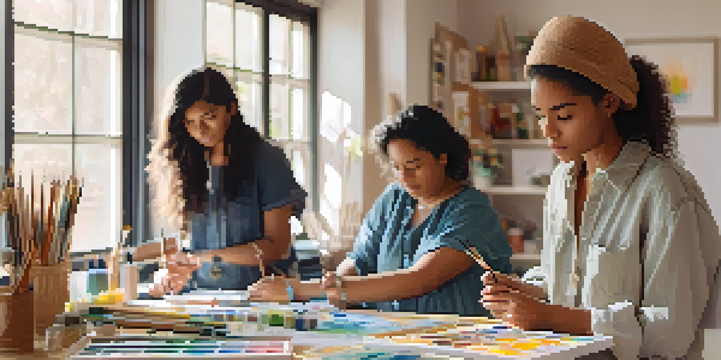 A calm art therapy workshop with diverse individuals painting and drawing, under natural light and surrounded by art supplies.