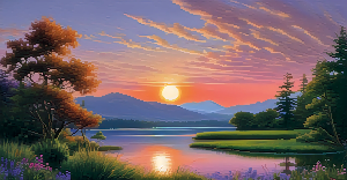 A vibrant sunset over a tranquil lake, with lush green vegetation and distant mountains.