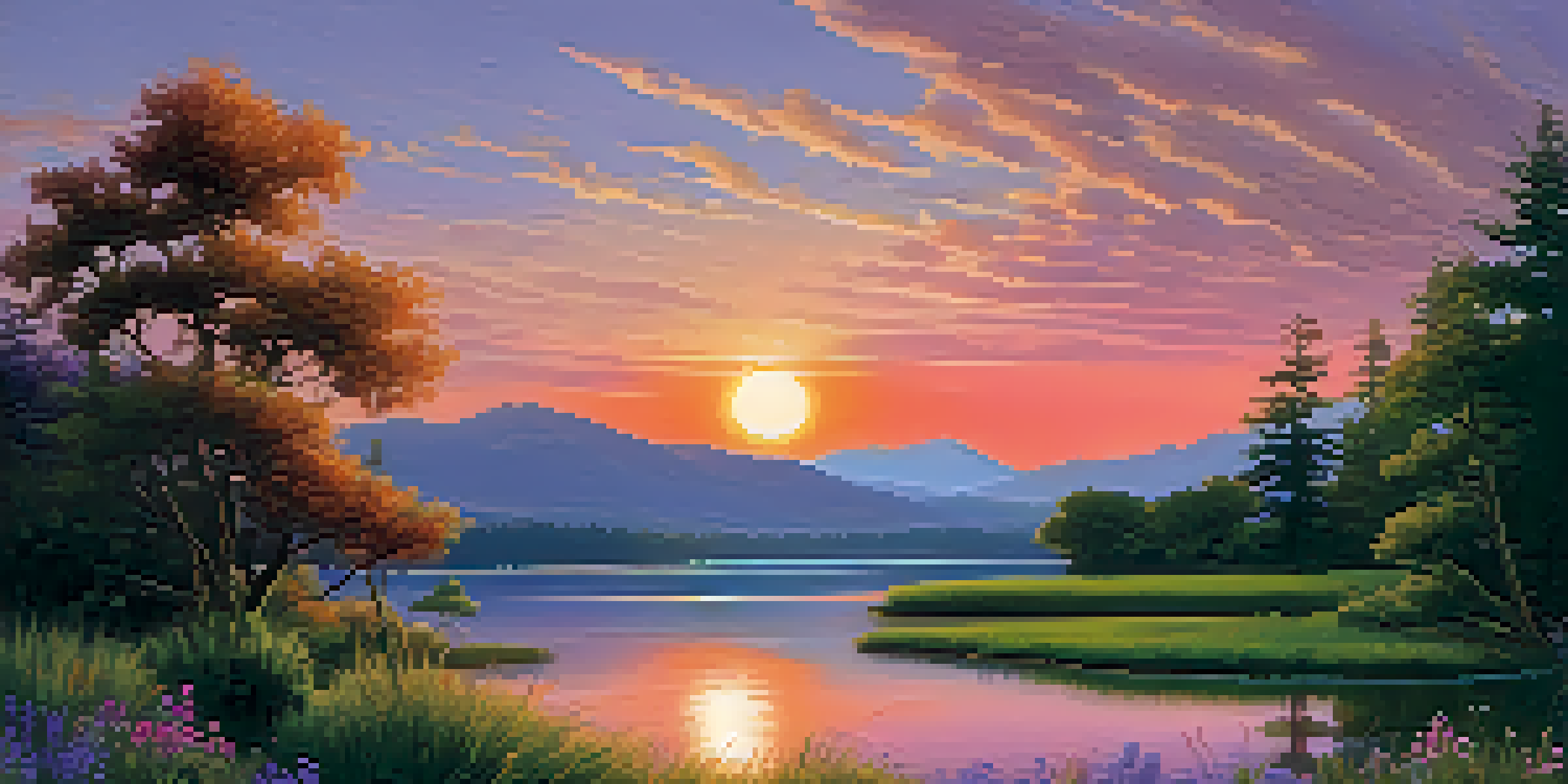 A vibrant sunset over a tranquil lake, with lush green vegetation and distant mountains.