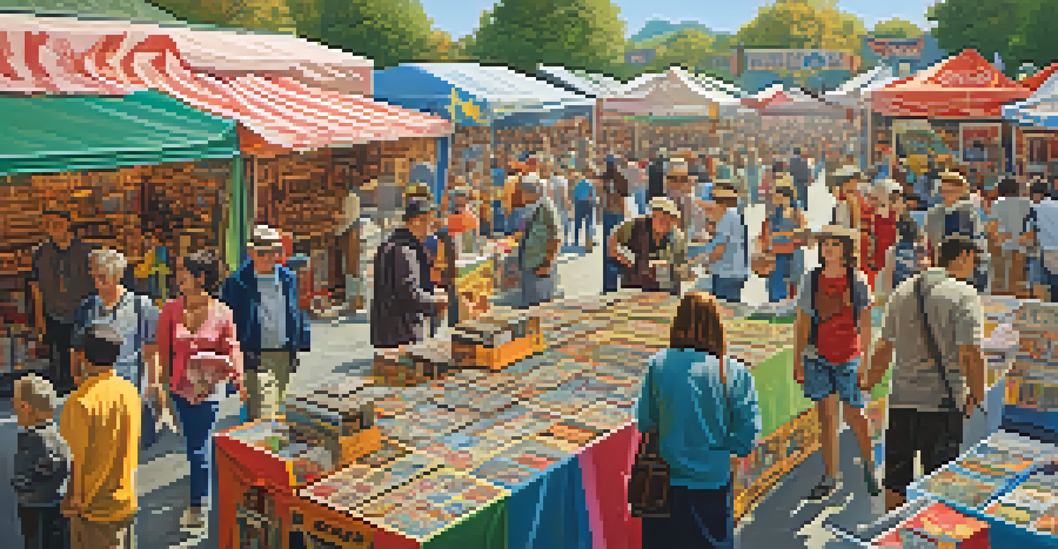 A lively collector's fair with people exchanging various collectibles, surrounded by colorful stalls and vibrant decorations.