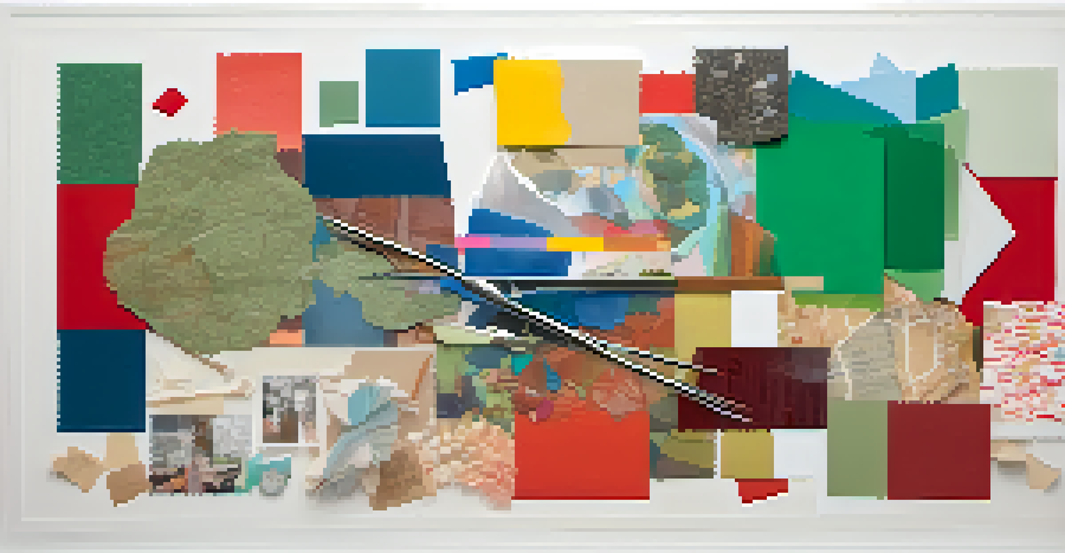 A colorful collage in progress with various textures and images layered together, surrounded by scissors and glue.