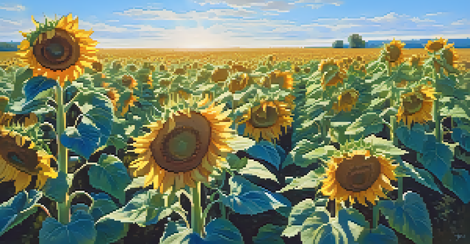 A sunny field filled with blooming sunflowers under a clear blue sky, with sunlight illuminating the flowers.