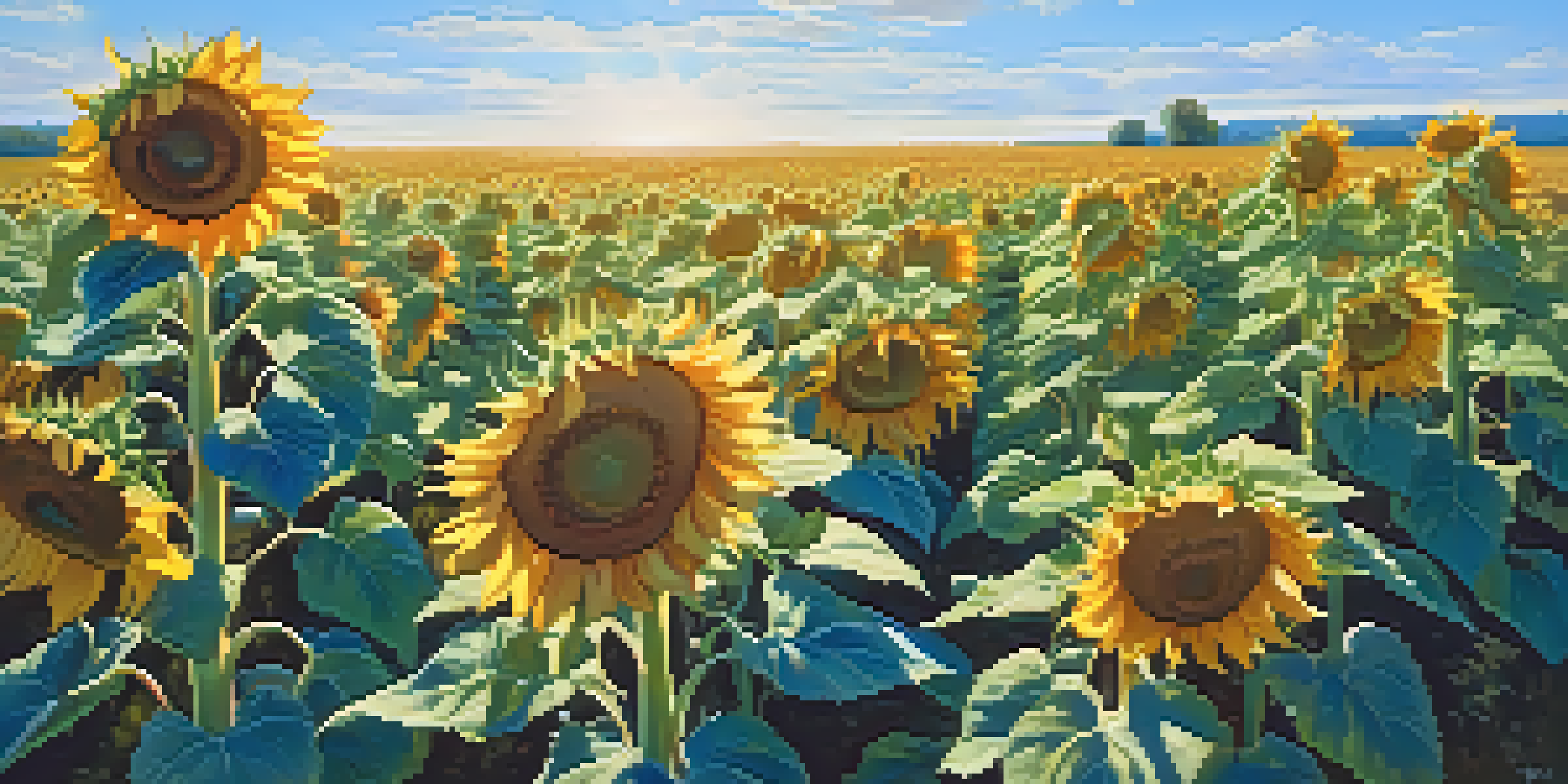 A sunny field filled with blooming sunflowers under a clear blue sky, with sunlight illuminating the flowers.