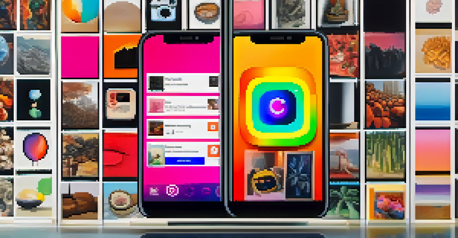 A close-up of a smartphone with an Instagram feed showcasing diverse artworks, with vibrant colors and interaction metrics like likes and comments visible.