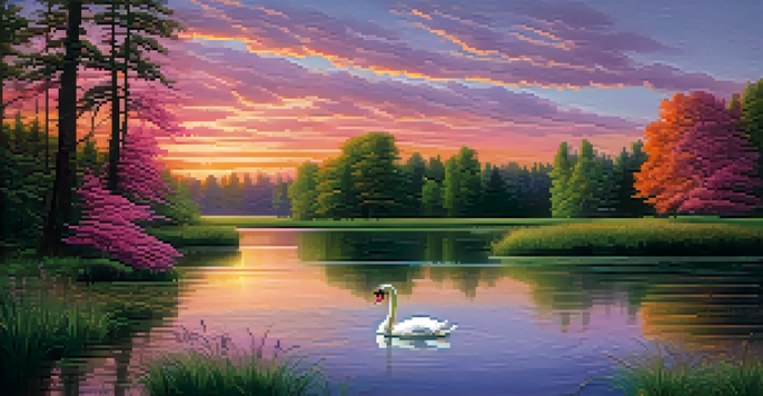A tranquil sunset landscape with a colorful sky reflected in a calm lake, featuring a swan gliding on the water.