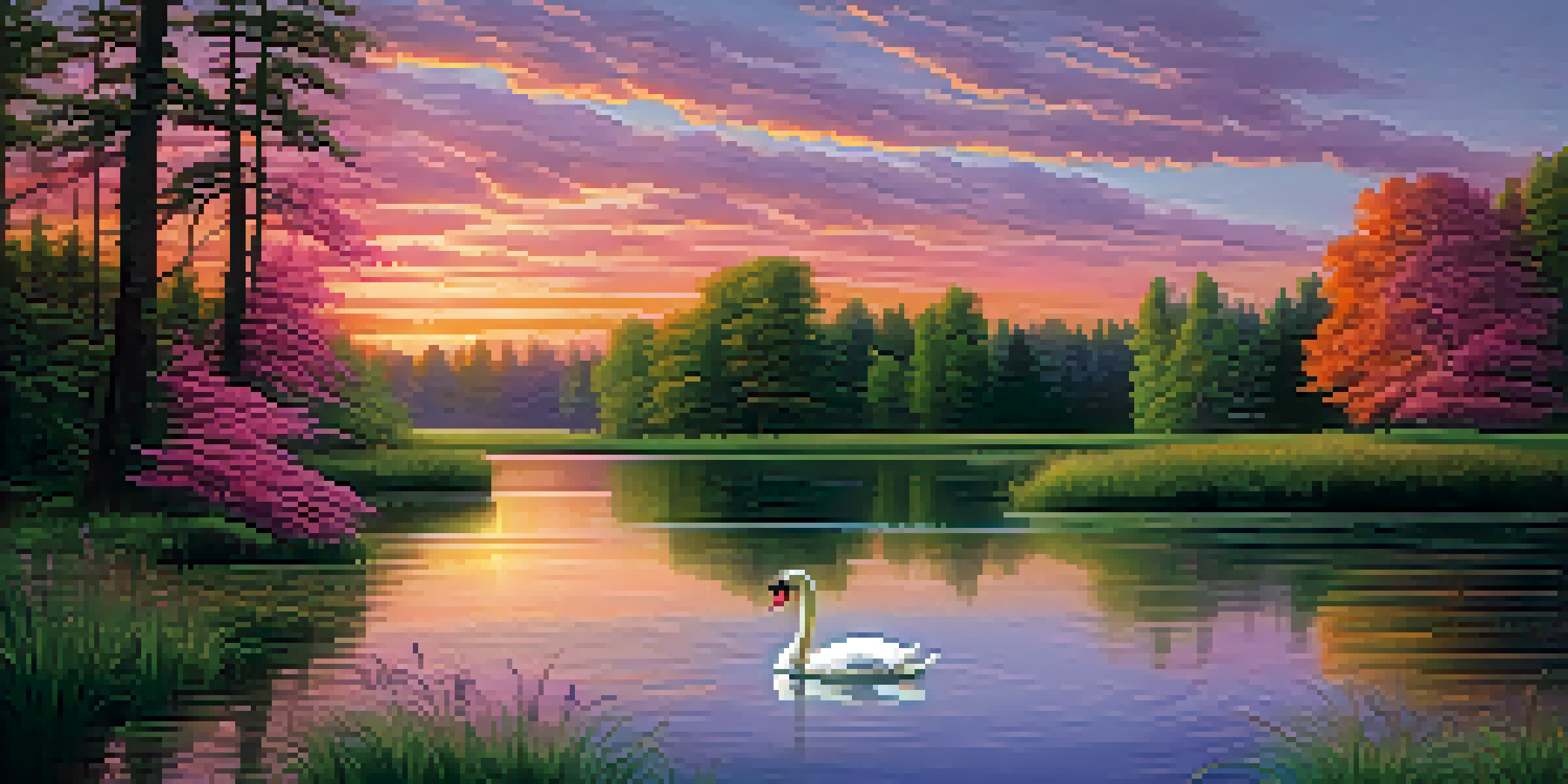 A tranquil sunset landscape with a colorful sky reflected in a calm lake, featuring a swan gliding on the water.