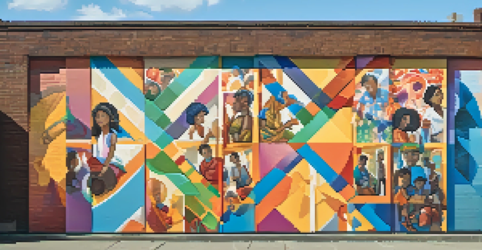 A colorful street mural showcasing people from various cultures with abstract patterns, painted on a brick wall under soft sunlight.