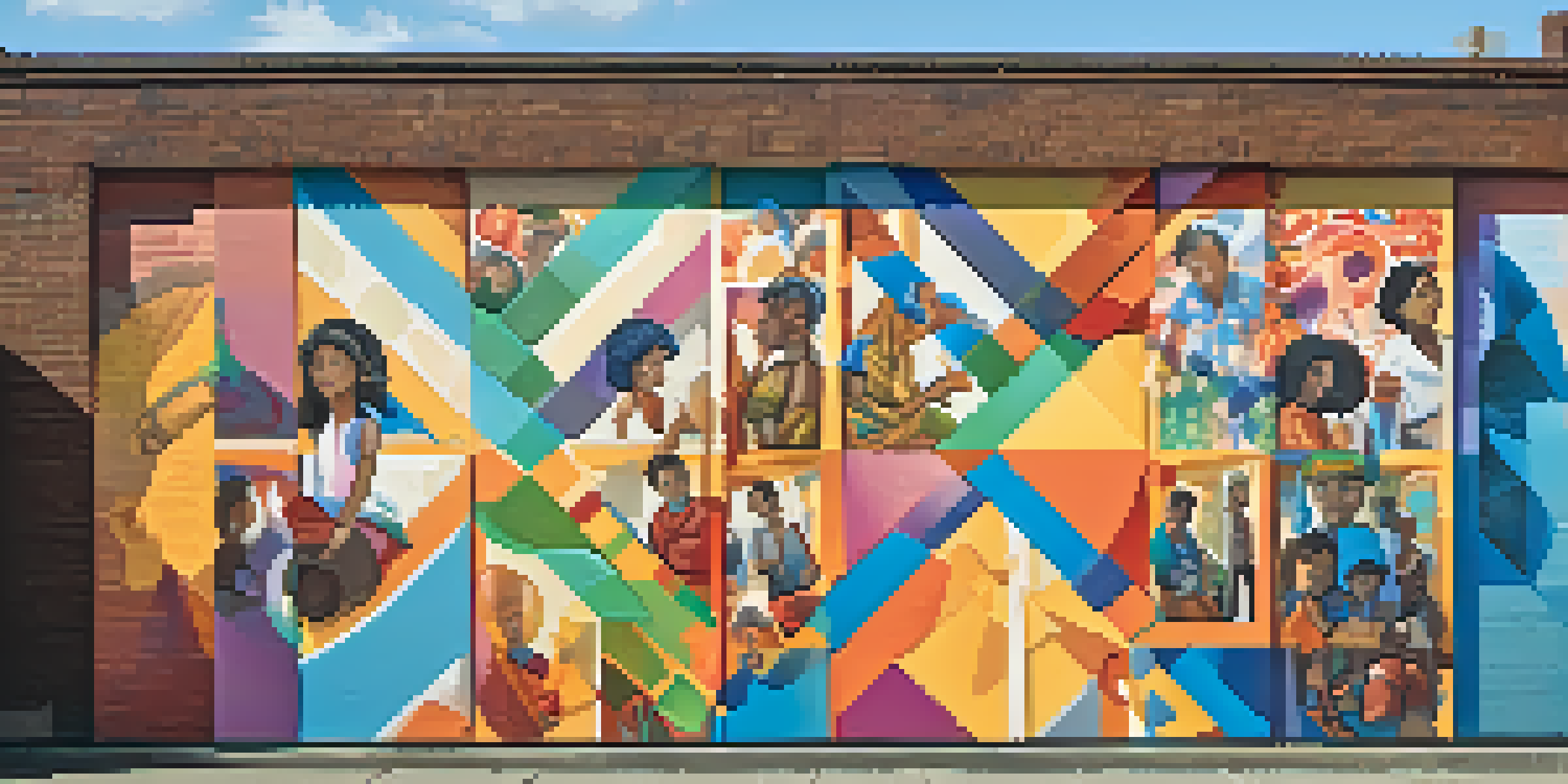 A colorful street mural showcasing people from various cultures with abstract patterns, painted on a brick wall under soft sunlight.