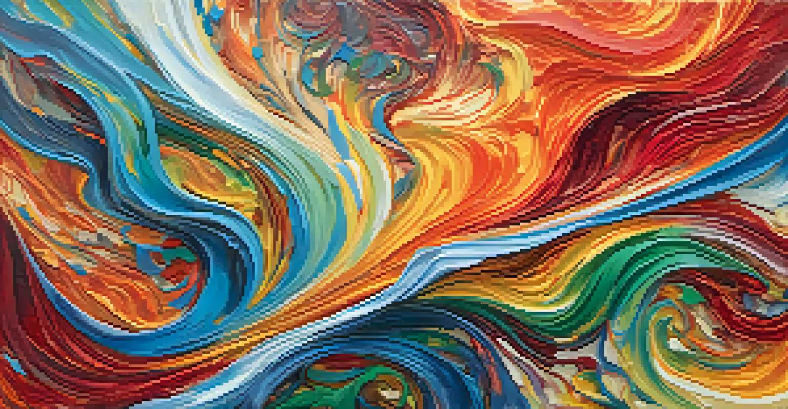 An abstract painting with swirling vibrant colors, creating a sense of chaos and movement with thick textures.