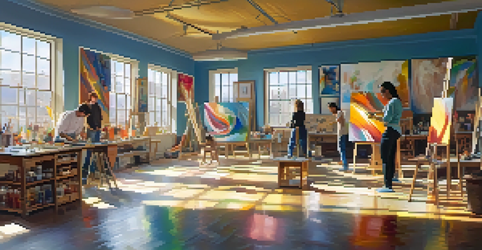 A busy art studio with artists painting and sculpting, filled with colorful materials and sunlight.
