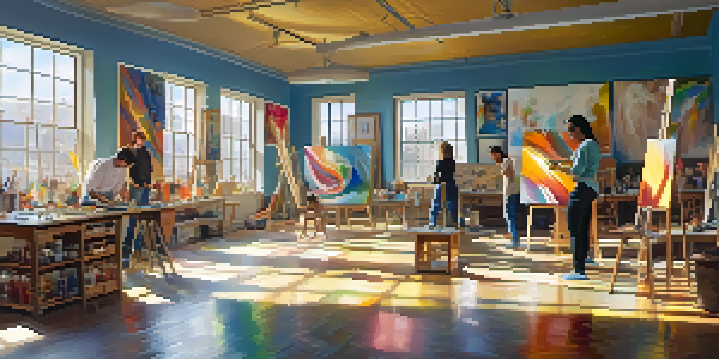 A busy art studio with artists painting and sculpting, filled with colorful materials and sunlight.
