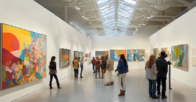 A contemporary art gallery filled with various artworks and visitors discussing them, illuminated by natural light.