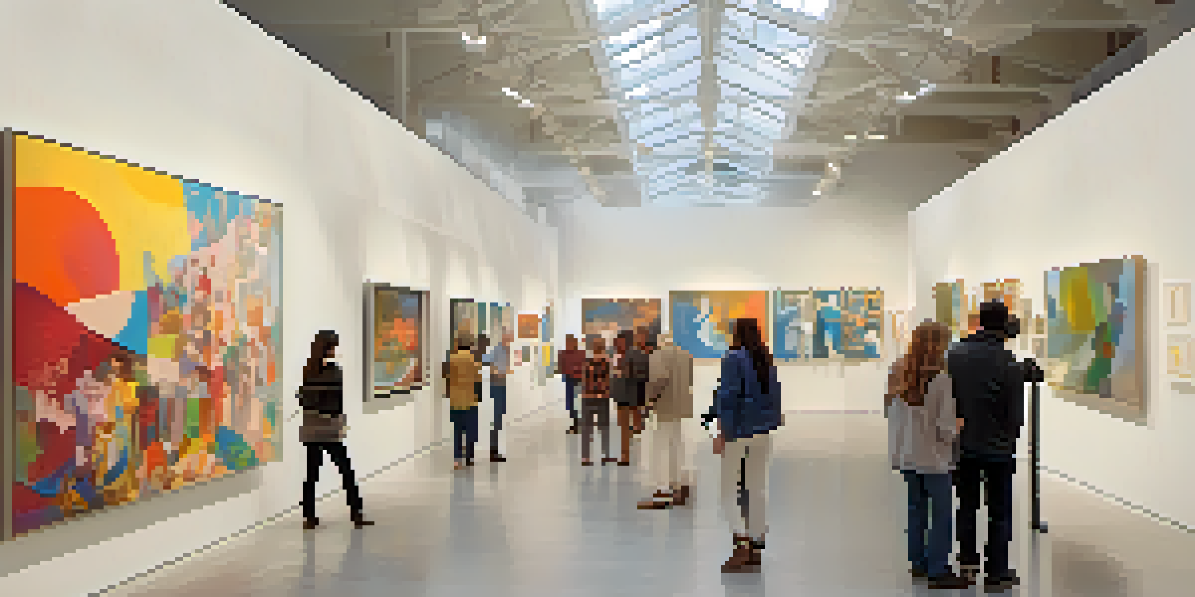 A contemporary art gallery filled with various artworks and visitors discussing them, illuminated by natural light.