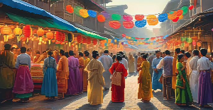 A lively festival scene with colorful decorations and people in traditional attire celebrating their cultural heritage.