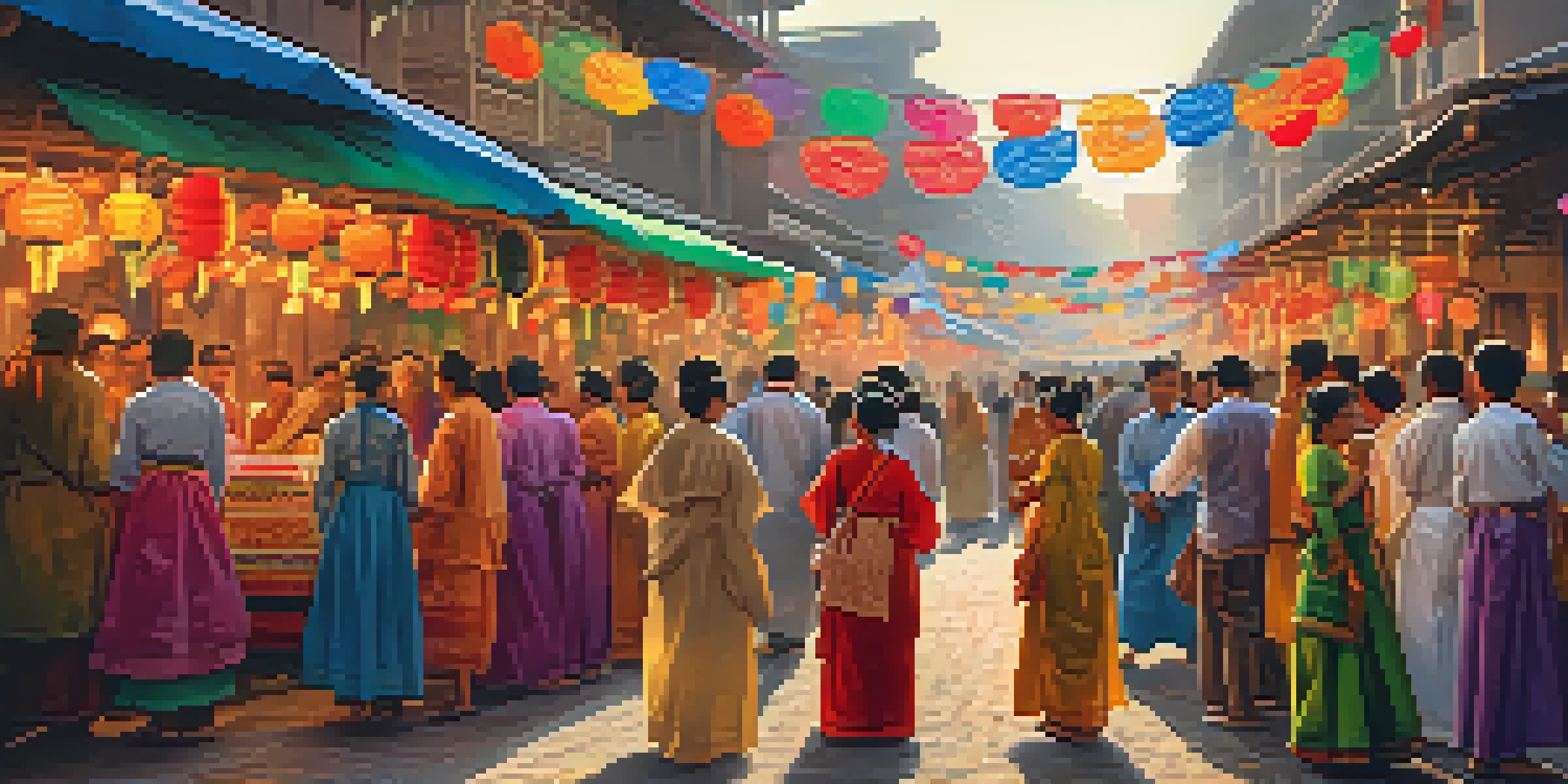 A lively festival scene with colorful decorations and people in traditional attire celebrating their cultural heritage.