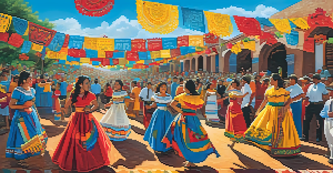 A festive scene with colorful papel picado banners and people in traditional attire celebrating under a bright blue sky.