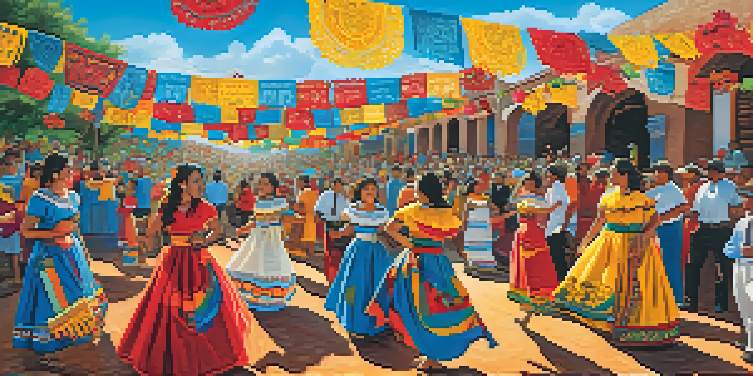 A festive scene with colorful papel picado banners and people in traditional attire celebrating under a bright blue sky.