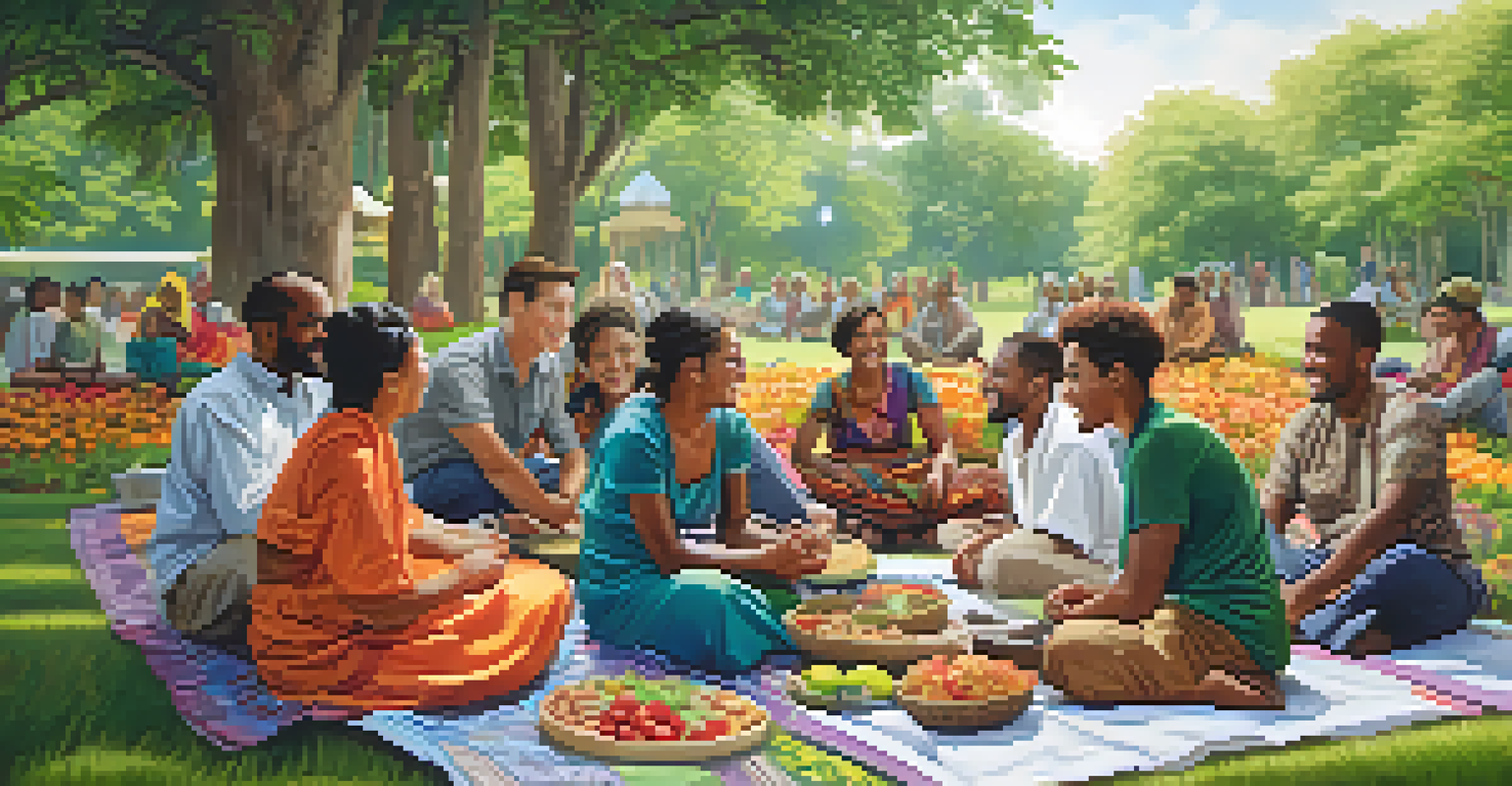 A diverse group of people in a park sharing food and stories during a cultural exchange workshop.
