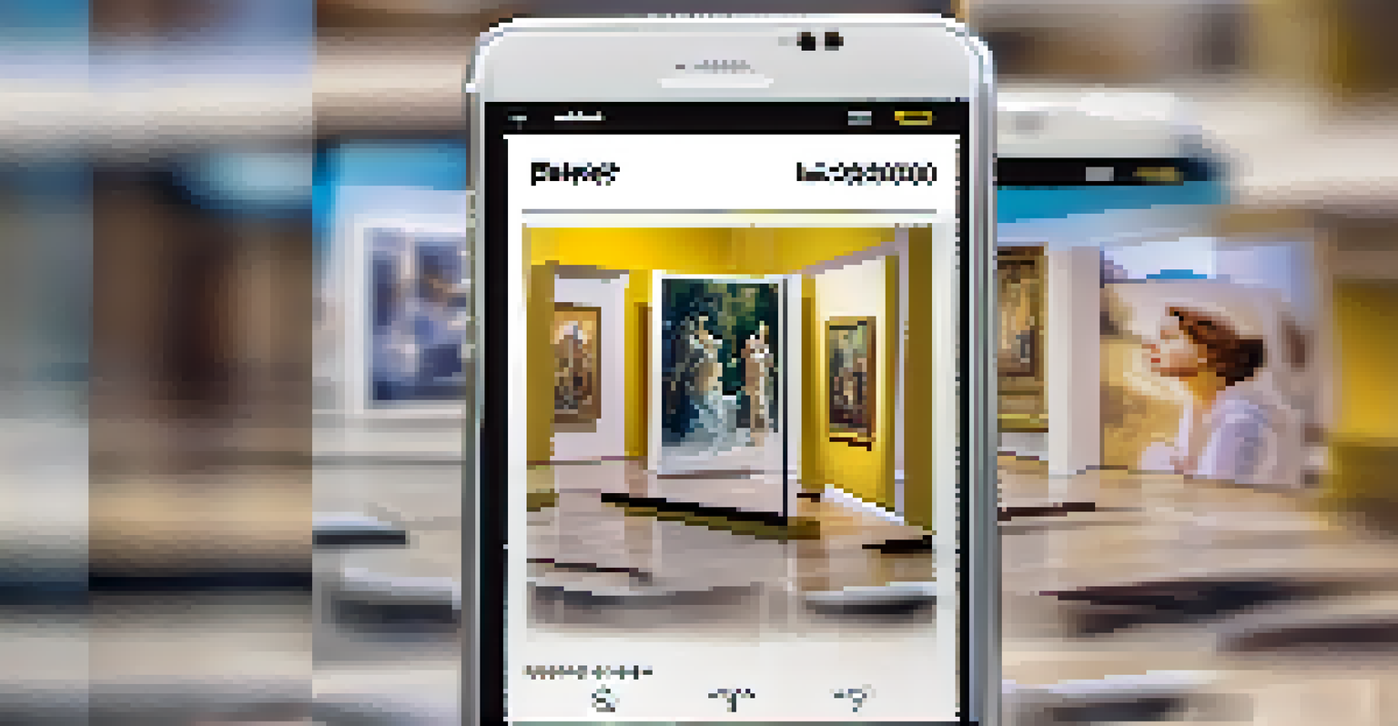 A smartphone displaying an augmented reality app for an art exhibition, with interactive artwork features in focus against a blurred gallery backdrop.