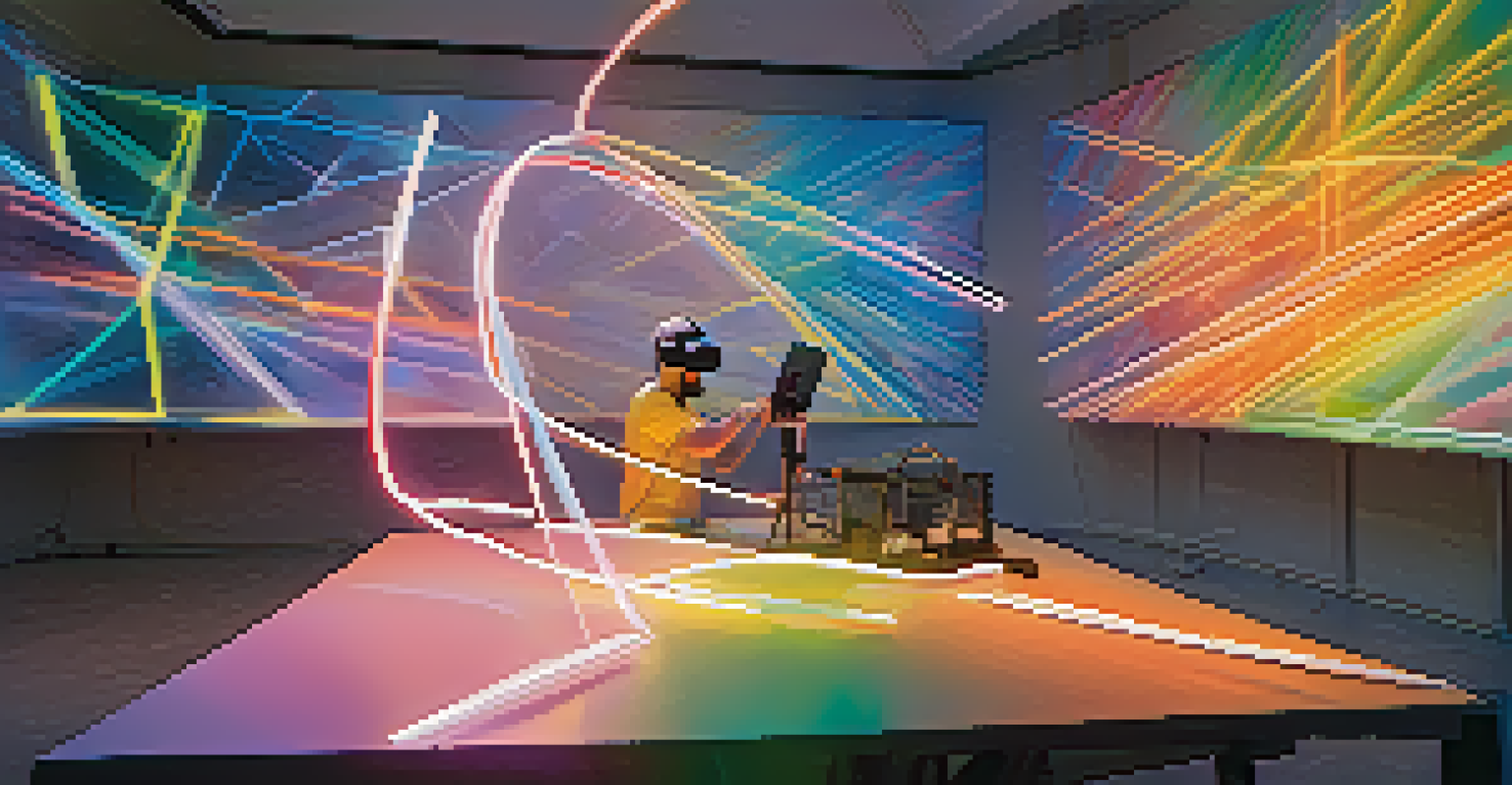 An artist wearing a VR headset, creating a 3D sculpture of light and color in a virtual space.