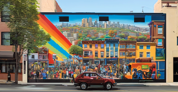 A colorful mural created by multiple street artists, blending urban culture and personal stories, with intricate details and bright colors illuminated by sunlight.