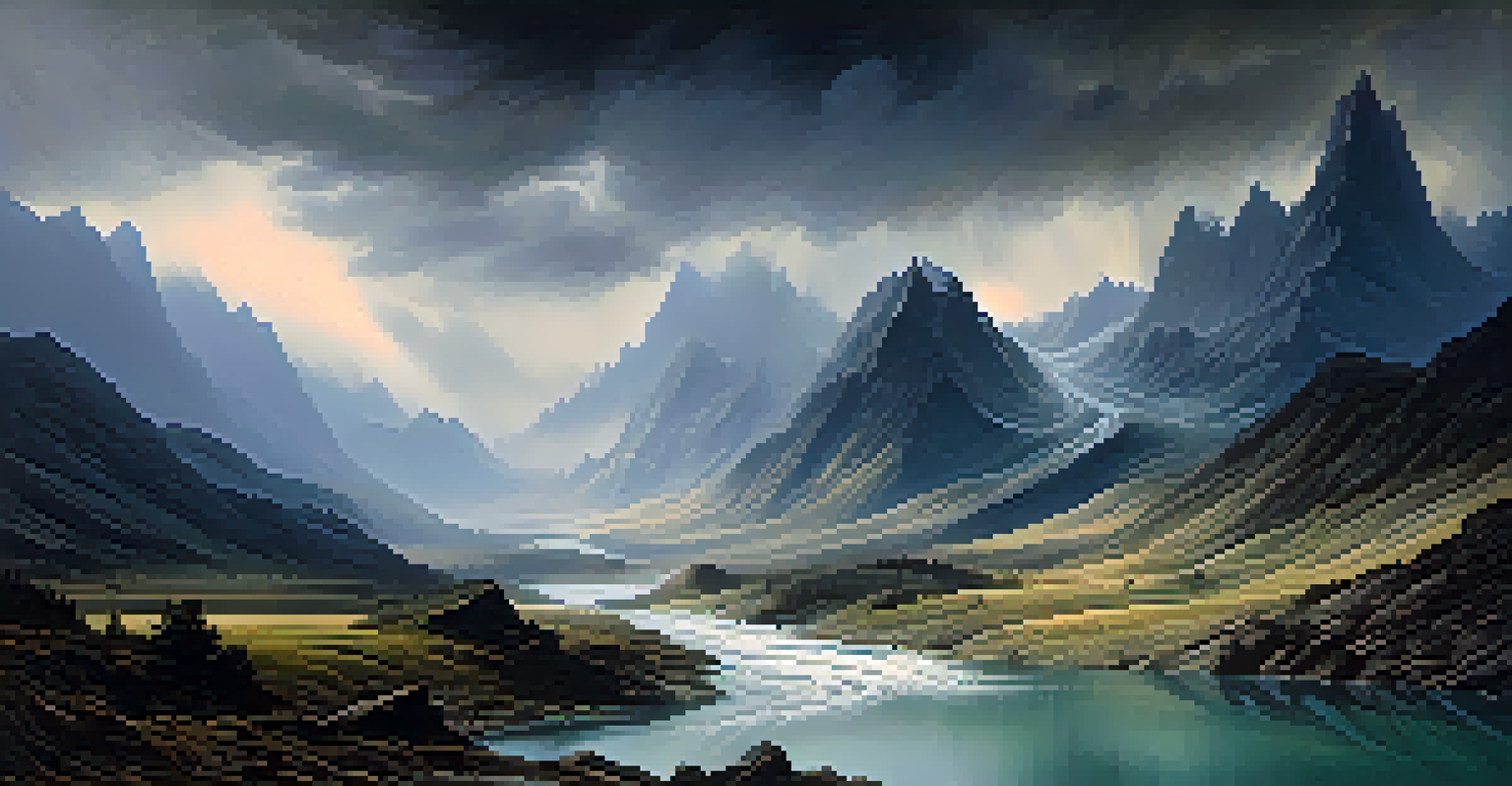 A stormy mountain landscape with dark clouds and a winding river.