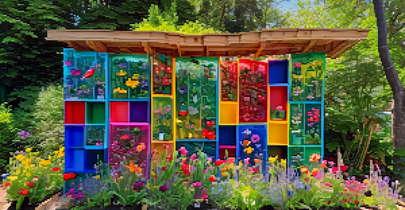 A colorful sculpture made from recycled materials in a community garden surrounded by flowers.