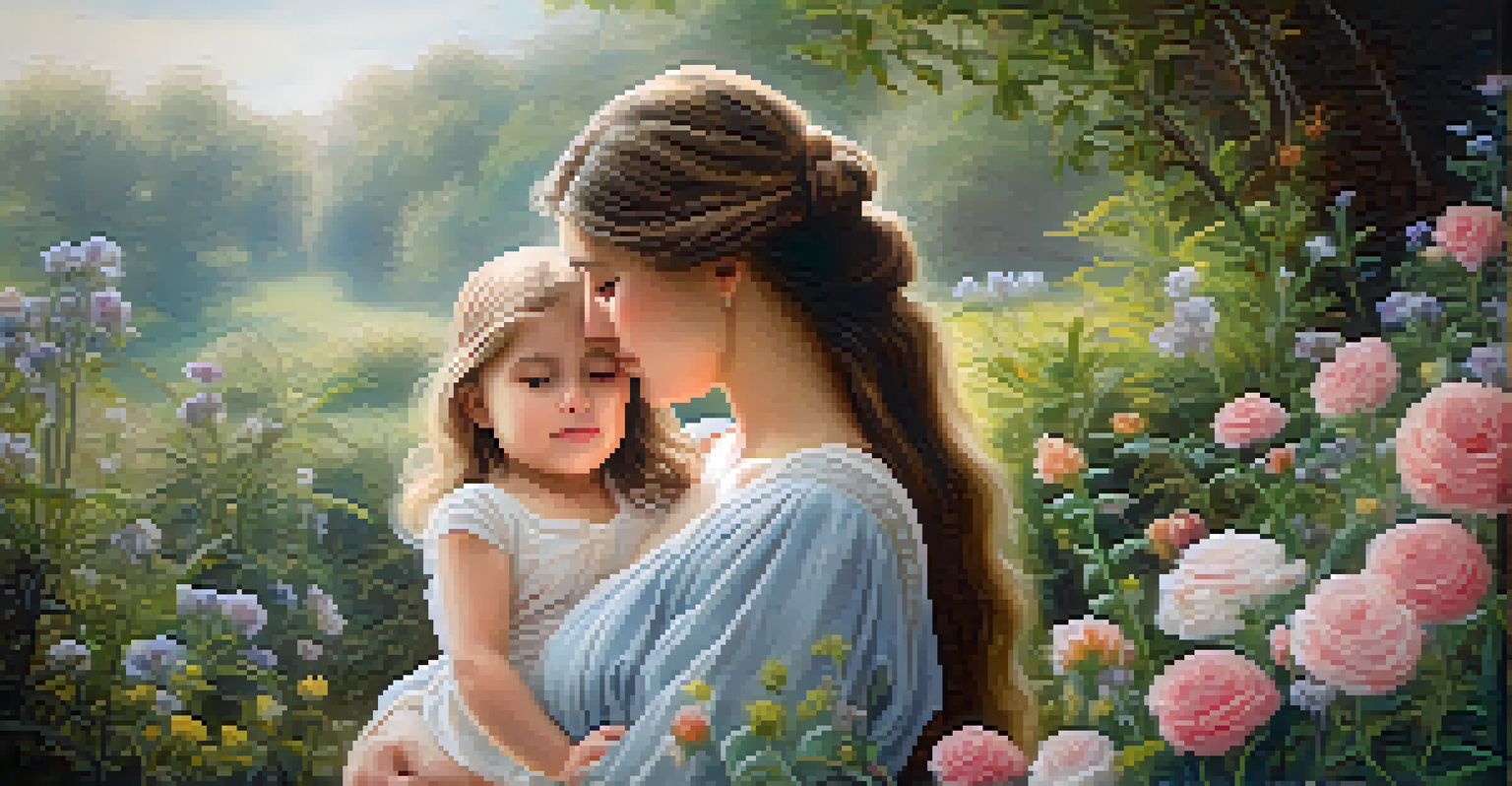 A close-up of an oil painting showing a mother and child in a garden, with soft pastels and intricate details.