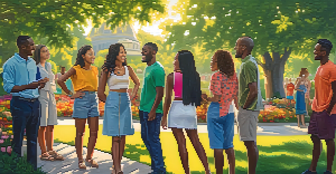 A diverse group of individuals in a park, representing different cultures, engaged in joyful conversation under warm sunlight.