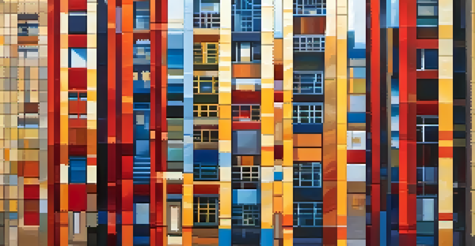 An abstract cityscape with a mosaic of colorful squares and rectangles, featuring bright reds, blues, and yellows, with shadows and dynamic lighting for depth.