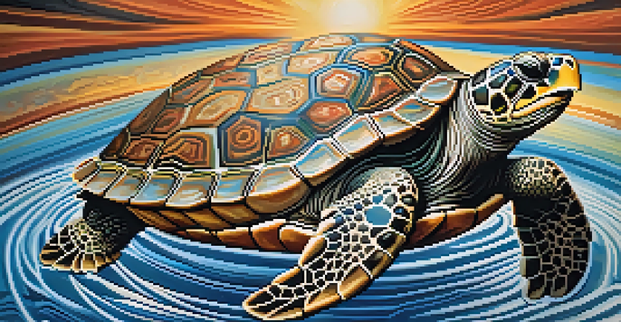 An intricate Indigenous art piece showing a turtle surrounded by patterns representing water and earth.
