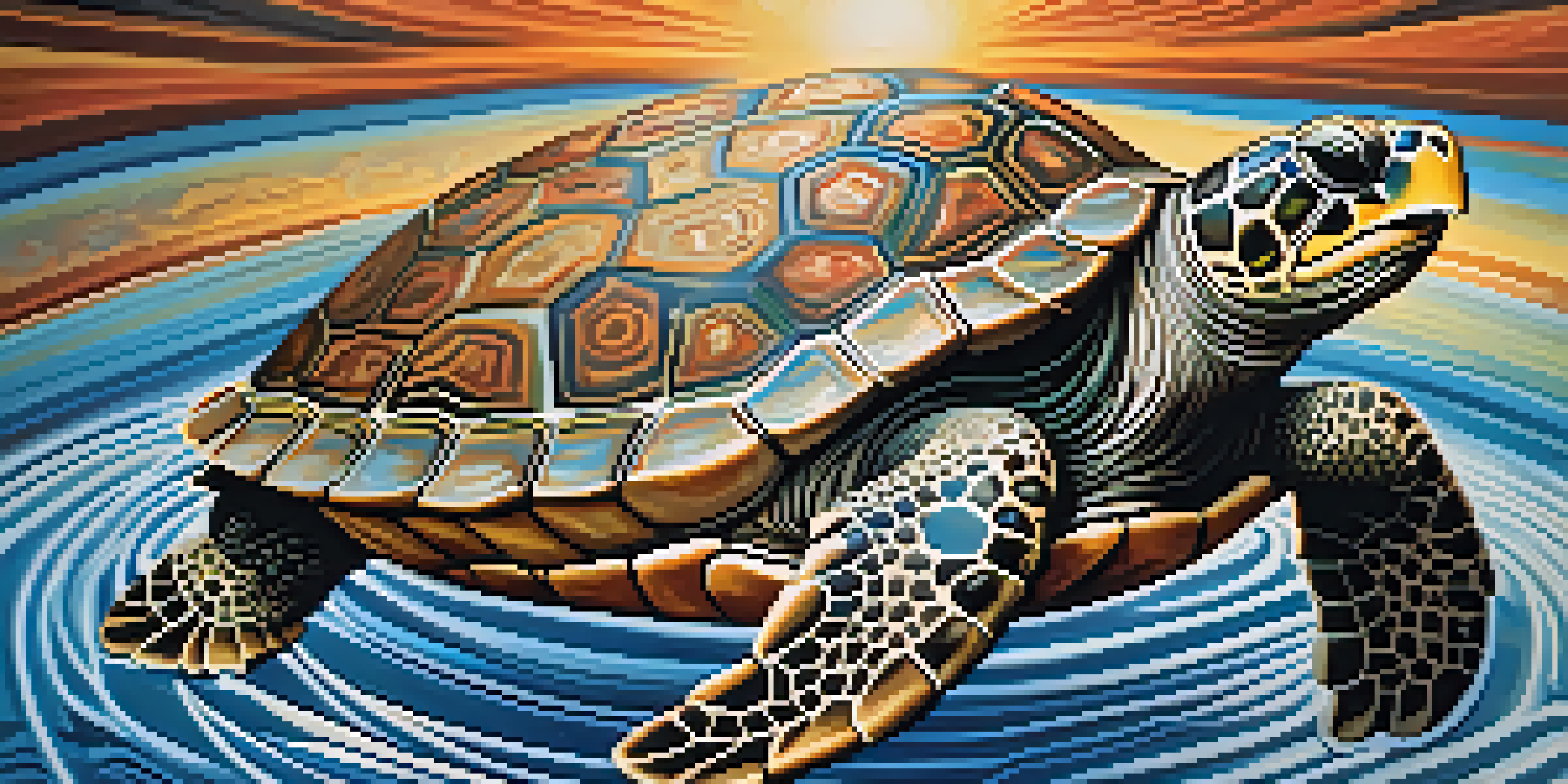 An intricate Indigenous art piece showing a turtle surrounded by patterns representing water and earth.