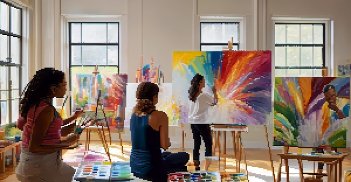 A group of individuals engaged in art therapy, painting on canvases in a bright studio, showcasing emotional expression through their artwork.