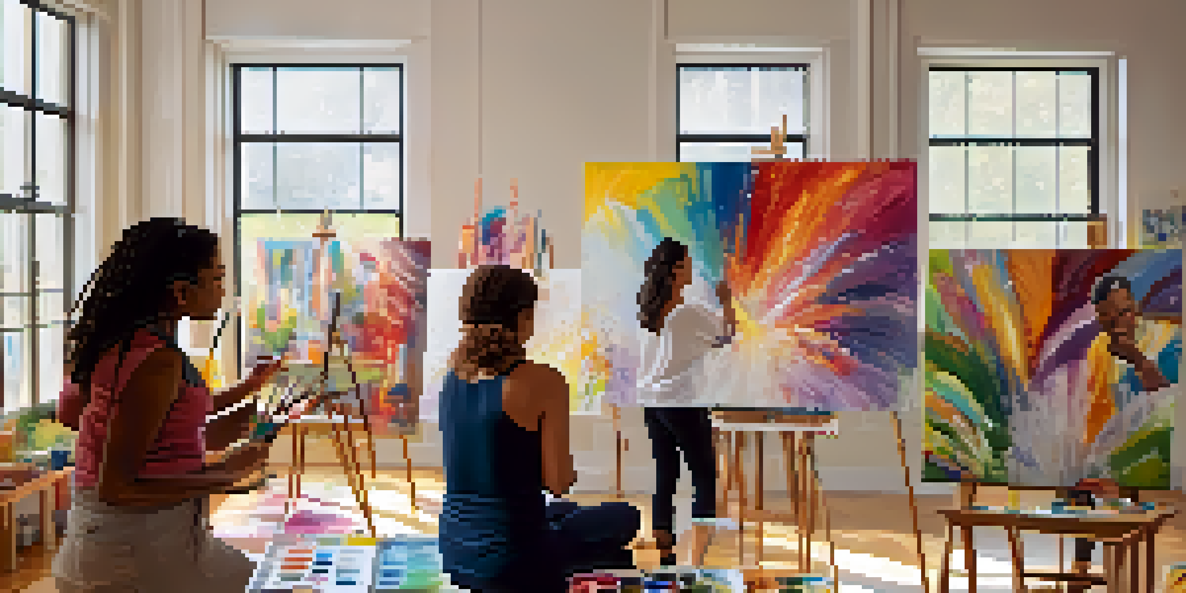 A group of individuals engaged in art therapy, painting on canvases in a bright studio, showcasing emotional expression through their artwork.