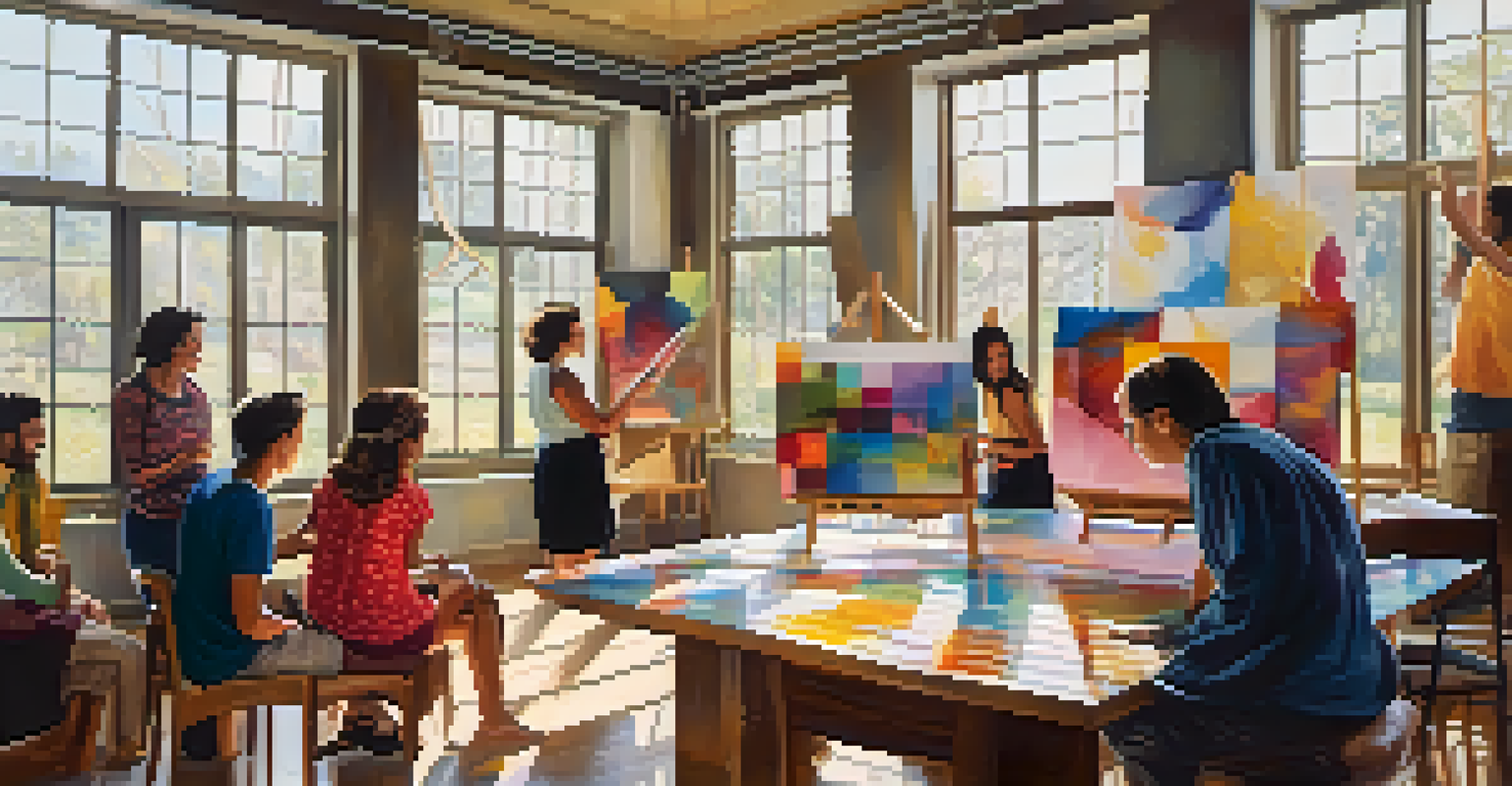 A group of people collaboratively painting on a large canvas in a bright studio, showcasing teamwork and creativity.