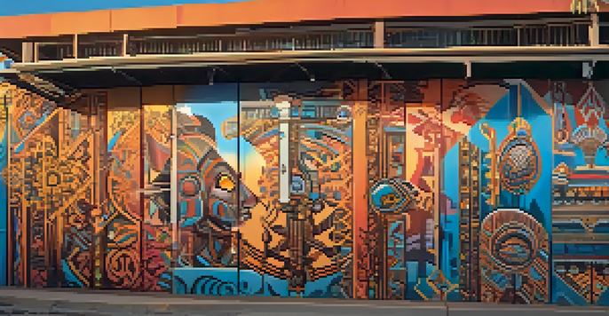 A colorful street art mural with diverse cultural motifs, illuminated by sunset light.