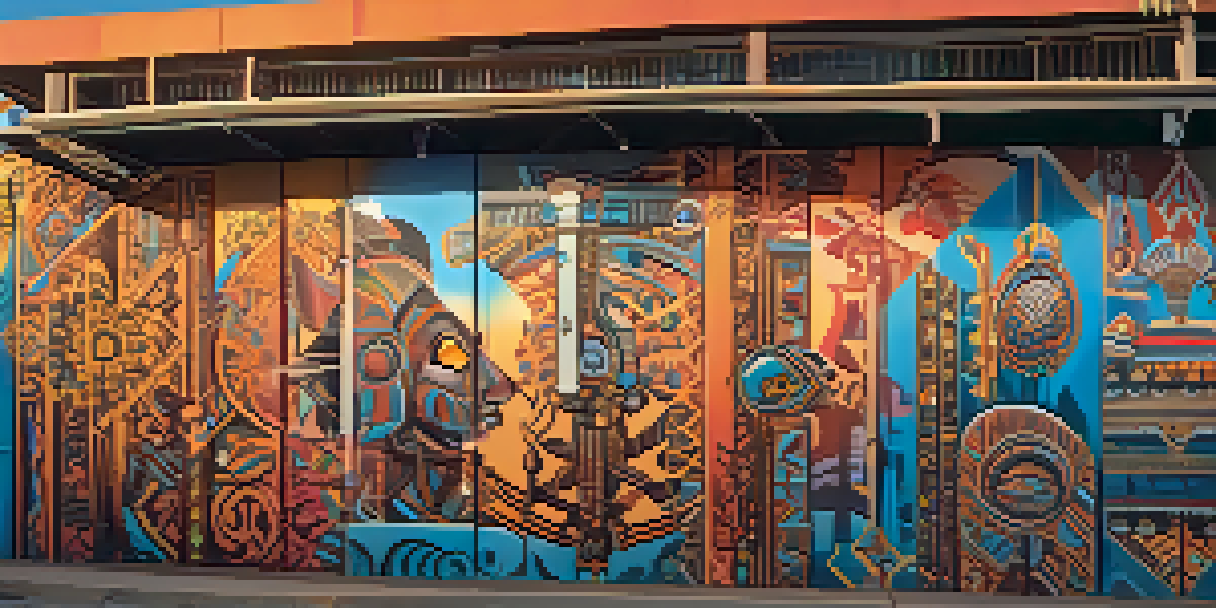 A colorful street art mural with diverse cultural motifs, illuminated by sunset light.