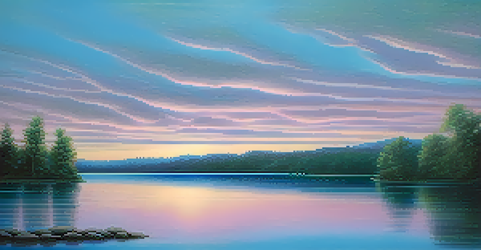 A tranquil landscape of a calm lake with pastel colors reflecting the twilight sky.