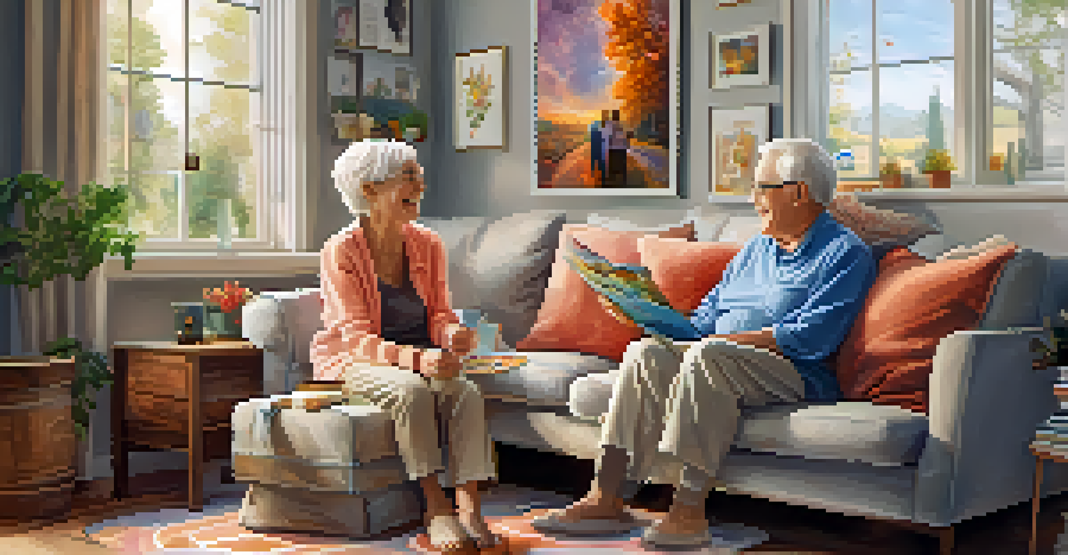 A grandparent and grandchild proudly displaying their paintings together in a cozy living room, with art decorating the walls.