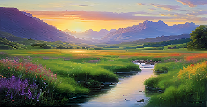 A peaceful sunrise landscape featuring a green field, a flowing stream, and colorful wildflowers.