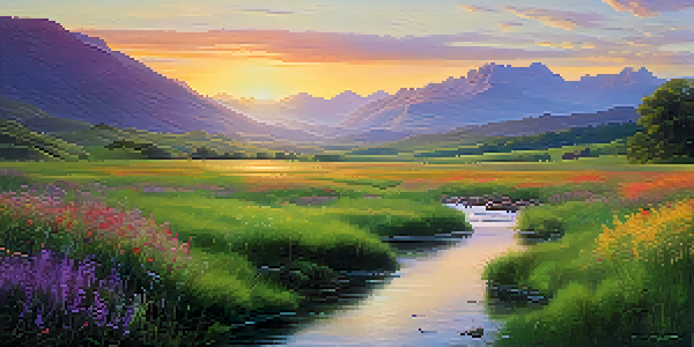 A peaceful sunrise landscape featuring a green field, a flowing stream, and colorful wildflowers.