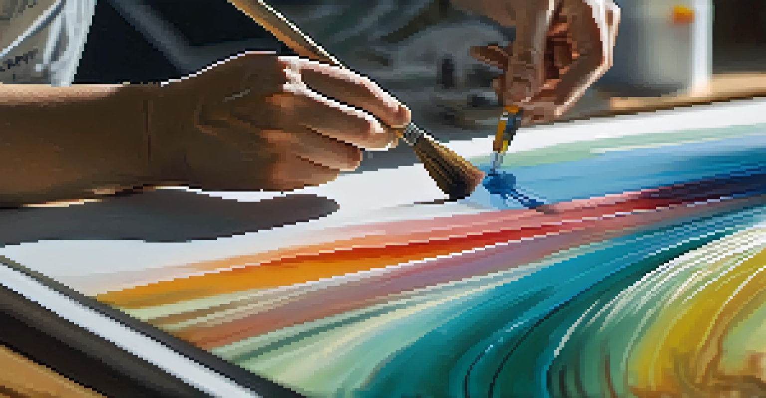 A close-up of a painter applying transparent layers of paint on a canvas, showcasing the glazing technique.