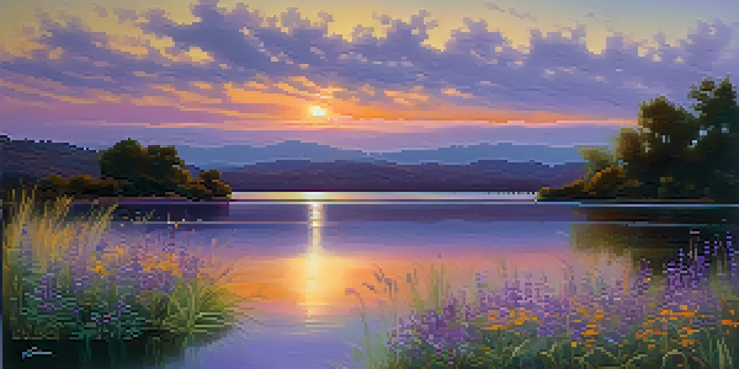 A tranquil sunset over a calm lake with warm colors reflecting on the water and delicate wildflowers in the foreground.