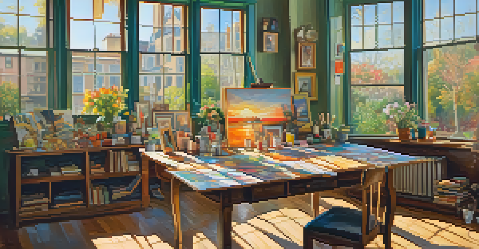 A cozy artist's studio with colorful paintings and a warm light, illustrating themes of love and nostalgia.