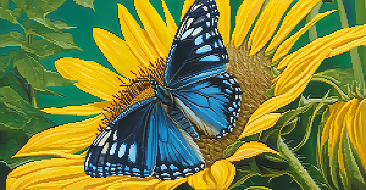 A close-up of a blue butterfly on a yellow sunflower, highlighting the butterfly's intricate patterns and the sunflower's textured petals.