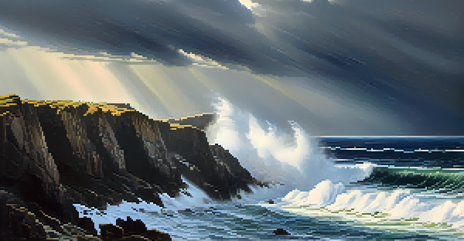 A coastal landscape with cliffs and crashing waves under a stormy sky, illuminated by a ray of sunlight.