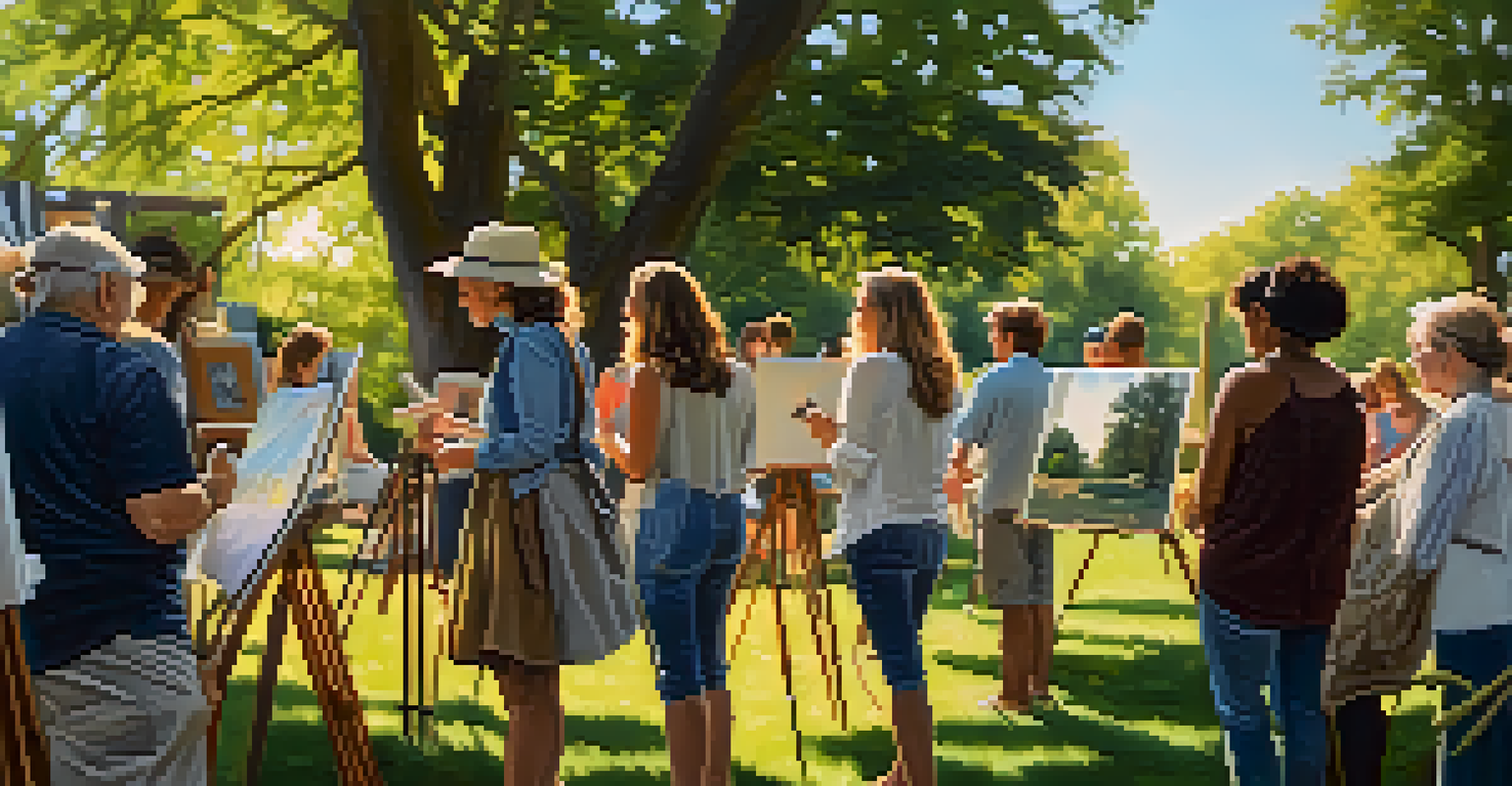 A serene outdoor art gathering with women artists displaying their work in a park, surrounded by an engaged audience.